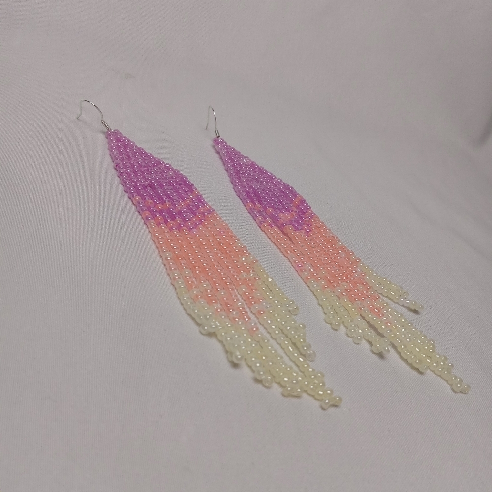 Elegant Beaded Dangle Earrings - Purple, Pink, Cream - Picture 3 of 9